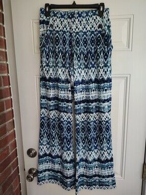 Robert Louis Boho Wide Leg Palazzo Pants S Blue White Ikat Geometric Stretch